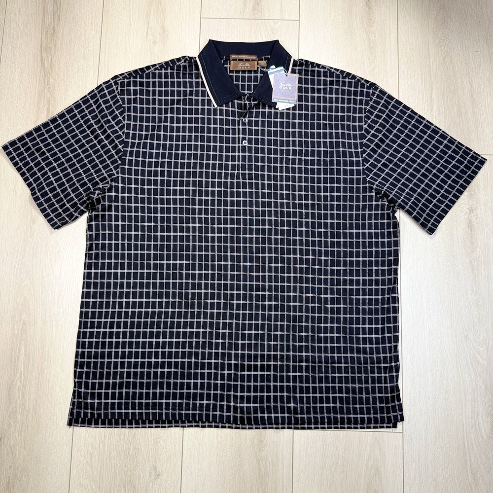 Tasso Elba Golf Polo Shirt Men's XL Navy Grid Check Cotton‎ Short Sleeve NWT